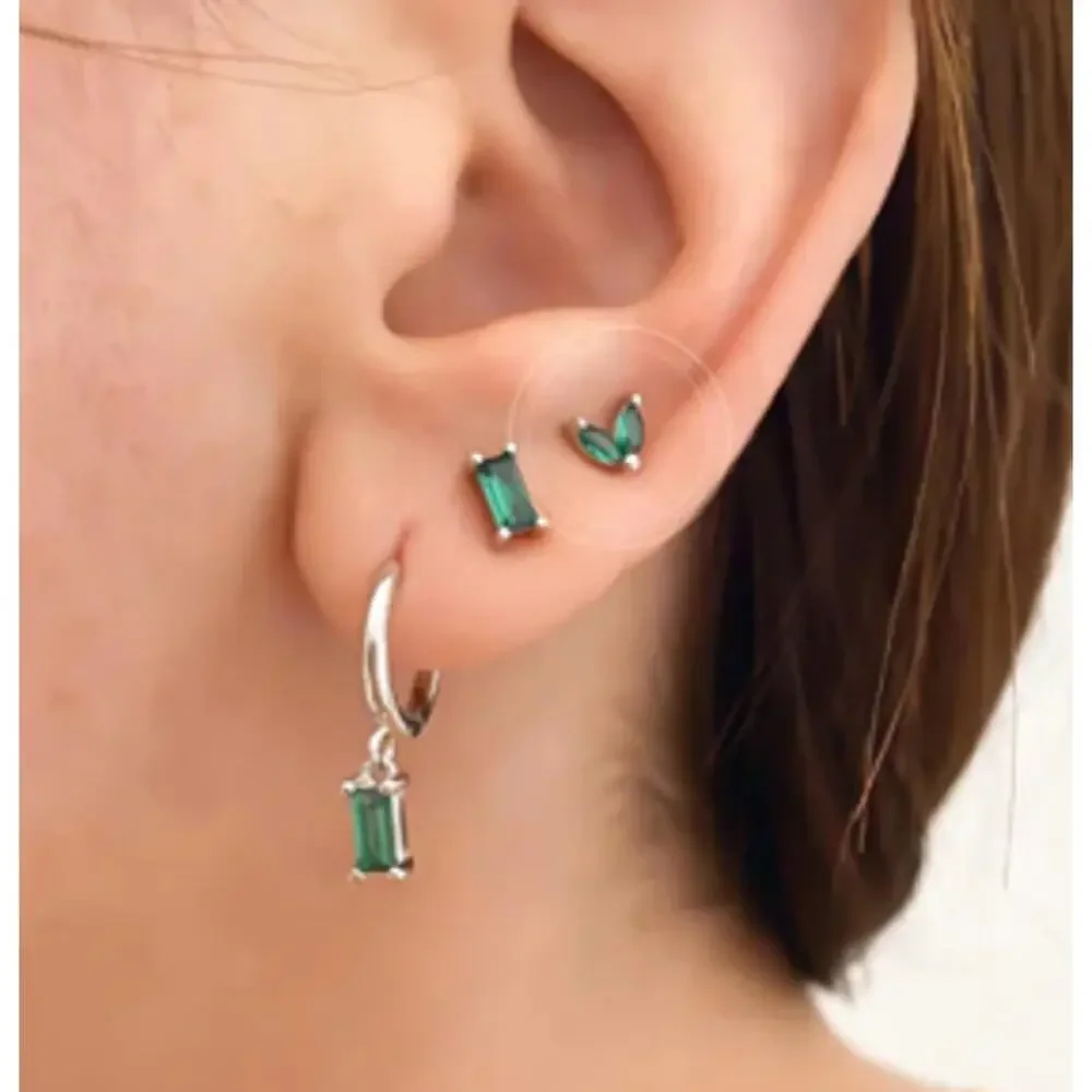 925 Sterling Silver Gold Emerald Zircon Hoop Earrings 2 Pairs